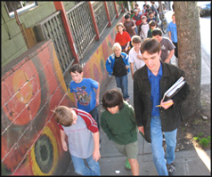The Seattle Boychoir and conductor Ben Kromholtz en route to KUOW studios for The Ducks & Us